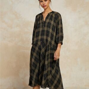 NWT Current Air plaid midi dress with belt windowpane green tie belt